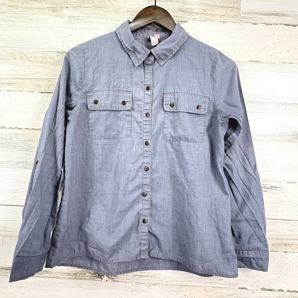 Dolled Up by FANG Chambray Button Up Shirt Blue Roll‎ Tab Sleeve Size S